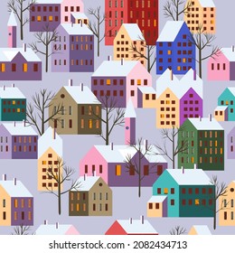 Christmas scandinavian town, seamless pattern winter city landscape, trees houses, New Year and Christmas holidays. Vector illustration minimalism style