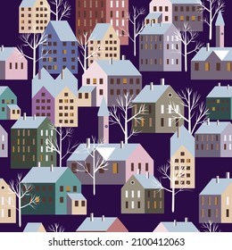Christmas scandinavian town, seamless pattern winter city landscape, trees houses, New Year and Christmas holidays. Vector illustration minimalism style