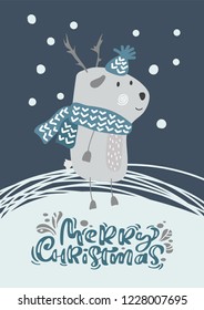 Christmas scandinavian vector deer in hat and scarf with text Merry Christmas illustration design. Cute bambi animal vector. Merry Xmas greeting card