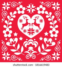 Christmas Scandinavian vector greeting card pattern - folk art style with reindeer, Xmas trees and flowers. 
Traditional Nordic Xmas merry design in white on red background, cute wallpaper
