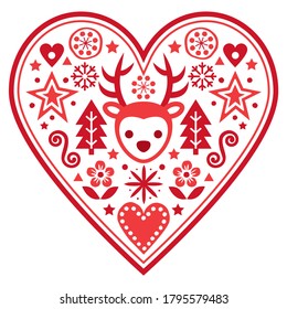 Christmas Scandinavian vector heart greeting card design - folk art style pattern with reindeer, snowflakes Xmas trees and flowers. Cute Nordic decorative background in red on white