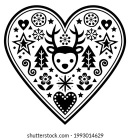 Christmas Scandinavian vector heart greeting card design - black and white folk art style pattern with reindeer, snowflakes Xmas trees and flowers. Cute Nordic decorative monochrome background