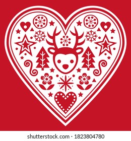 Christmas Scandinavian vector heart red greeting card design - folk art style pattern with reindeer, snowflakes Xmas trees and flowers. Cute Nordic decorative background, celebrating Christmas