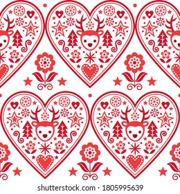 Christmas Scandinavian vector heart seamless pattern - folk art style textile design with reindeer, snowflakes Xmas trees and flowers. Cute Nordic decorative background in red on white, celebrating 