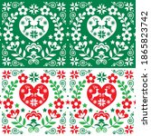 Christmas Scandinavian vector seamless pattern in green and red - folk art style with reindeer, Xmas trees and flowers. Traditional Nordic Xmas merry repetitive textile or wallpaper design 
