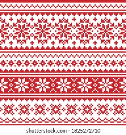 Christmas Scandinavian vector seamless pattern - red and white festive knnitting, cross-stitch design with snowflakes. Nordic Xmas textile or wallpaper background - ugly Christmas sweater style 