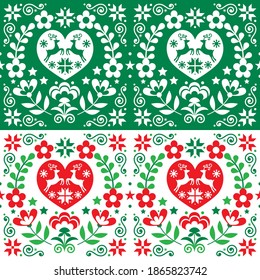 Weihnachten Skandinavische Vektorgrafik nahtlose Muster in Grün und Rot - Volkskunst mit Rentieren, Weihnachtsbäumen und Blumen. Traditionelles nordisches Xmas lustiges, sich wiederholendes Design aus Textilien oder Tapeten 