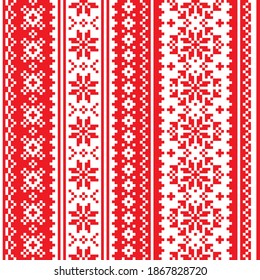 Christmas Scandinavian vector seamless pattern - red and white festive knitting, cross-stitch vertical oriented design with snowflakes. Nordic Xmas textile or wallpaper horizontal background 