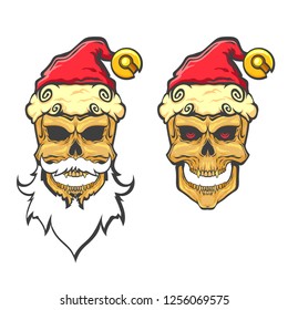 Christmas scary golden skull with santa hat and beard, mustache, vector illustration isolated on white background, hand drawn sketch illustration emblem