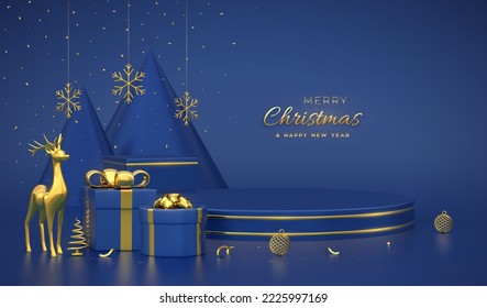 Escena de Navidad y plataformas 3D con círculo dorado sobre fondo azul. Pedestal en blanco con ciervos, copos de nieve, bolas, cajas de regalo, pinos con forma de cono metálico dorado, abetos. Ilustración vectorial.