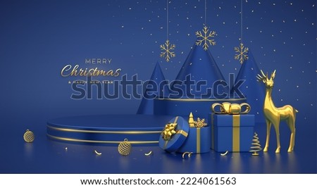 Christmas Scene and 3D platforms with gold circle on blue background. Blank Pedestal with deer, snowflakes, balls, gift boxes, golden metallic cone shape pine, spruce trees. Vector illustration.