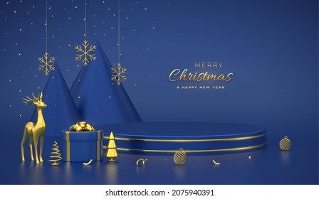 Christmas Scene and 3D round platform with gold circle on blue background. Blank Pedestal with deer, snowflakes, balls, gift boxes, golden metallic cone shape pine, spruce trees. Vector illustration.