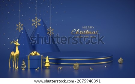 Christmas Scene and 3D round platform with gold circle on blue background. Blank Pedestal with deer, snowflakes, balls, gift boxes, golden metallic cone shape pine, spruce trees. Vector illustration.