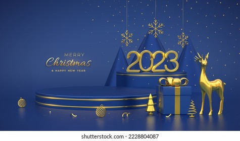 Christmas Scene and 3D round platforms on blue background. 3D Golden numbers 2023. Blank Pedestal with deer, shining snowflakes, balls, gift boxes, gold metallic cone shape pine, spruce trees. Vector.
