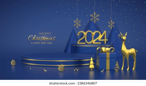 Christmas Scene and 3D round platforms on blue background. 3D Golden numbers 2024. Blank Pedestal with deer, shining snowflakes, balls, gift boxes, gold metallic cone shape pine, spruce trees. Vector.