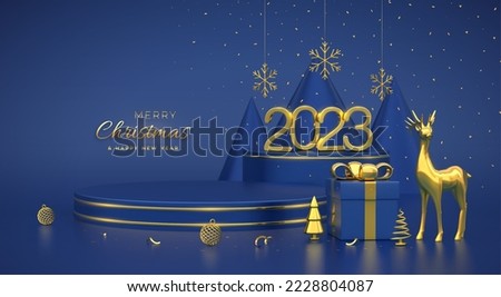 Christmas Scene and 3D round platforms on blue background. 3D Golden numbers 2023. Blank Pedestal with deer, shining snowflakes, balls, gift boxes, gold metallic cone shape pine, spruce trees. Vector.