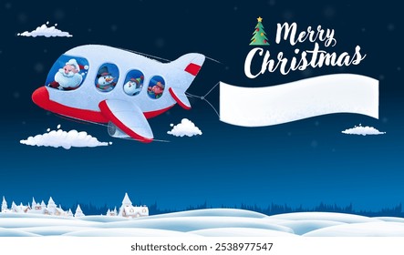 avião de cena de Natal sobrevoar a aldeia com saudações de banner
e personagens de natal santa claus piloto avião pinguim elfo snowman