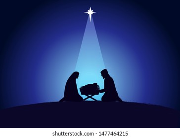 Christmas scene of baby Jesus in the manger with Mary and Joseph in silhouette, surrounded by star. Christian Nativity greeting card birth of Christ, vector banner