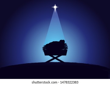 Christmas scene of baby Jesus in the manger in silhouette, surrounded by light of star. Christian Nativity greeting card with illustration birth of Christ, vector banner
