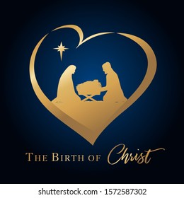 Christmas scene of baby Jesus in the manger with Mary and Joseph silhouette in golden heart. Christian Nativity with lettering The Birth of Christ and Bible text Luke 2:7, vector banner