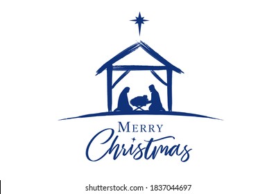 Christmas scene of baby Jesus in the manger with Mary and Joseph in silhouette, surrounded by star. Christian Nativity with text Merry Christmas, vector banner