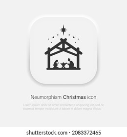 Christmas scene of baby Jesus in the manger with Mary and Joseph vector icon in trendy soft material neumorphism style. Vector EPS 10