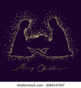 Christmas scene of baby Jesus in the manger with Mary and Joseph. Christian Nativity with handwriting style calligraphic text Merry Christmas. Square banner. Isolated abstract graphic design template.