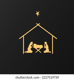 
Christmas scene of baby Jesus in the manger, Mary and Joseph in silhouettes, Christian Christmas star with text Nativity of Christ, vector banner