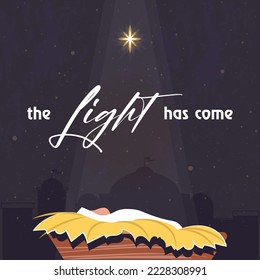 Christmas scene of baby Jesus in the manger at night with big Bethlehem star minimalistic background. Christian Nativity with text the light has come, vector banner. The birth of Jesus template