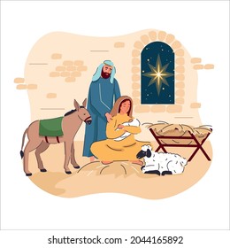 Christmas scene of baby Jesus with Mary and Joseph vector illustration. The Birth of Jesus Christ. Mary holding baby Jesus in a barn with animals. Christian Nativity. Bethlehem Star. Holy night.