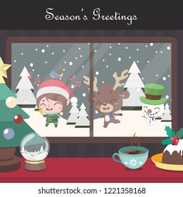 Christmas scene background with singing elf, reindeer and snowman