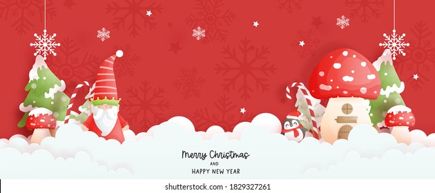 Christmas scene banner with Cute santa and Christmas tree. Paper cut vector illustration.