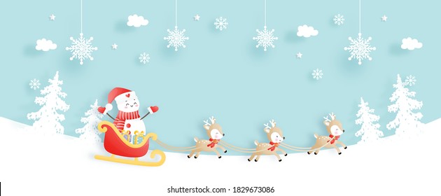 Christmas scene for banner with snowman on a Christmas cart with reindeer, papercut vector illustration