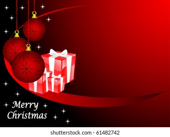 Christmas scene with baubles and presents on a red background