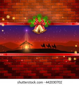 Christmas scene the birth of Jesus with Christmas star, three wise men, golden bells, red bow, holly berries, stars and snowflakes on brick wall background, illustration.