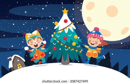 Christmas Scene With Cartoon Characters