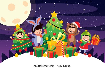 Christmas Scene With Cartoon Characters