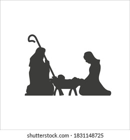 Escena de Navidad, nacimiento cristiano del niño Jesús. Mary y Joseph, silueta de feriado de pesebre. Icono de ilustración de vector