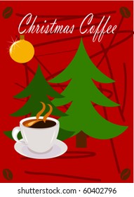 Christmas scene - coffee and Christmas trees over red background. Card design