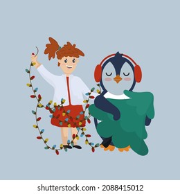 Christmas scene with cute seasonal elements. Cartoon children and animals. Vector illustrations with winter characters. Vector illustration