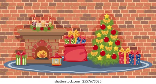 Christmas scene with decorated fireplace, lit candles, Christmas tree, gift bag, and presents on a brick wall background. Festive illustration for holiday design, greeting card, and banner.