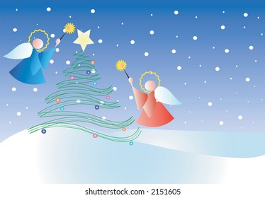 Christmas scene with decorated tree and two angels