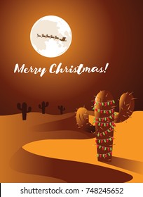 Christmas scene in the desert. Santa Claus and his reindeer fly in front of the full moon over desert sands past a cartoon cactus. EPS 10 vector.