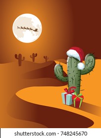 Christmas scene in the desert. Santa Claus and his reindeer fly in front of the full moon over desert sands past a cartoon cactus. EPS 10 vector.