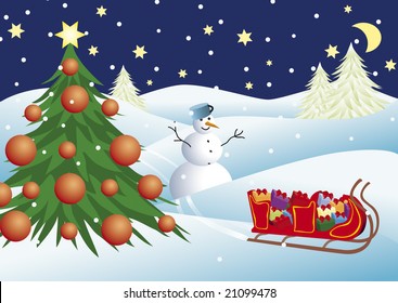 Christmas scene, Christmas scene with gifts sledges Christmas tree and snowman, christmas present, christmas card, christmas tree, traditional christmas, illustration and painting