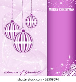 Christmas scene with hanging ornamental purple striped xmas balls, snowflakes, stars and snow. Copy space for text. Raster also available.
