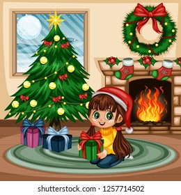 Christmas Scene at Home. Cute Little Girl Sitting on the Rug with Christmas Hat and Gift Box. Room Decorated with Christmas Tree, Fireplace, Christmas Socks, Ornaments, Wreath, Holly Berry
