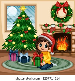 Christmas Scene at Home. Cute Little Girl Sitting on the Rug with Christmas Hat and Gift Box. Room Decorated with Christmas Tree, Fireplace, Christmas Socks, Ornaments, Wreath, Holly Berry