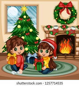 Christmas Scene at Home. Cute Little Boy and Girl Sitting on the Rug with Christmas Gift. Room Decorated with Christmas Tree, Fireplace, Christmas Socks, Ornaments, Wreath, Holly Berry