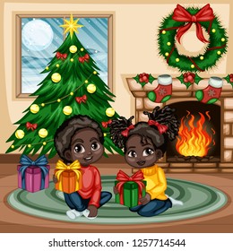 Christmas Scene at Home. Cute Little Boy and Girl Sitting on the Rug with Christmas Gift. Room Decorated with Christmas Tree, Fireplace, Christmas Socks, Ornaments, Wreath, Holly Berry